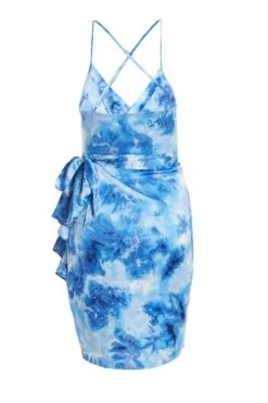 Blue Satin Marble Print Wrap Mini Dress -Princess Style Shop 00100037206 ZB