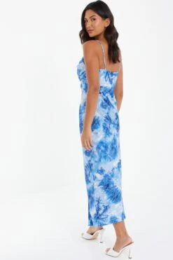 Blue Satin Marble Print Ruched Split Midi Dress -Princess Style Shop 00100037207 XB