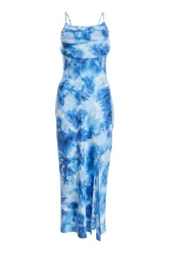 Blue Satin Marble Print Ruched Split Midi Dress