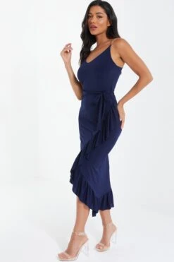 Navy Slinky Chain Wrap Midi Dress -Princess Style Shop 00100037217 XS