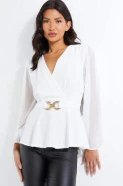 Cream Chiffon Buckle Peplum Top -Princess Style Shop 00100037224 XM