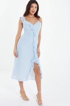 Light Blue Textured Frill Midi Dress -Princess Style Shop 00100037308 XS