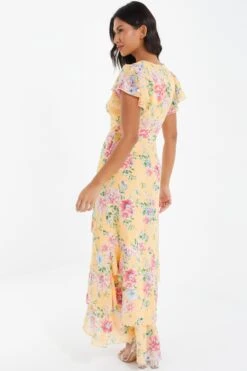 Yellow Chiffon Floral Frill Maxi Dress -Princess Style Shop 00100037310 XB