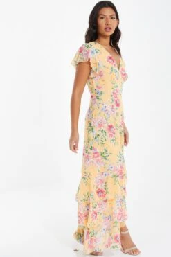 Yellow Chiffon Floral Frill Maxi Dress -Princess Style Shop 00100037310 XS