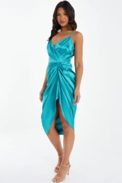 Aqua Wrap Ruched Midi Dress -Princess Style Shop 00100037312 XS