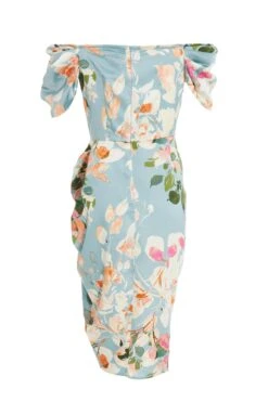 Blue Satin Floral Ruched Midi Dress -Princess Style Shop 00100037316 ZB