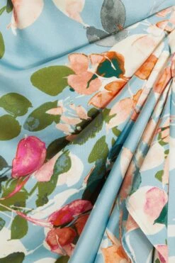 Blue Satin Floral Ruched Midi Dress -Princess Style Shop 00100037316 ZS