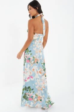 Blue Satin Floral High Neck Maxi Dress -Princess Style Shop 00100037317 XB