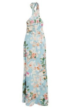 Blue Satin Floral High Neck Maxi Dress -Princess Style Shop 00100037317 ZB
