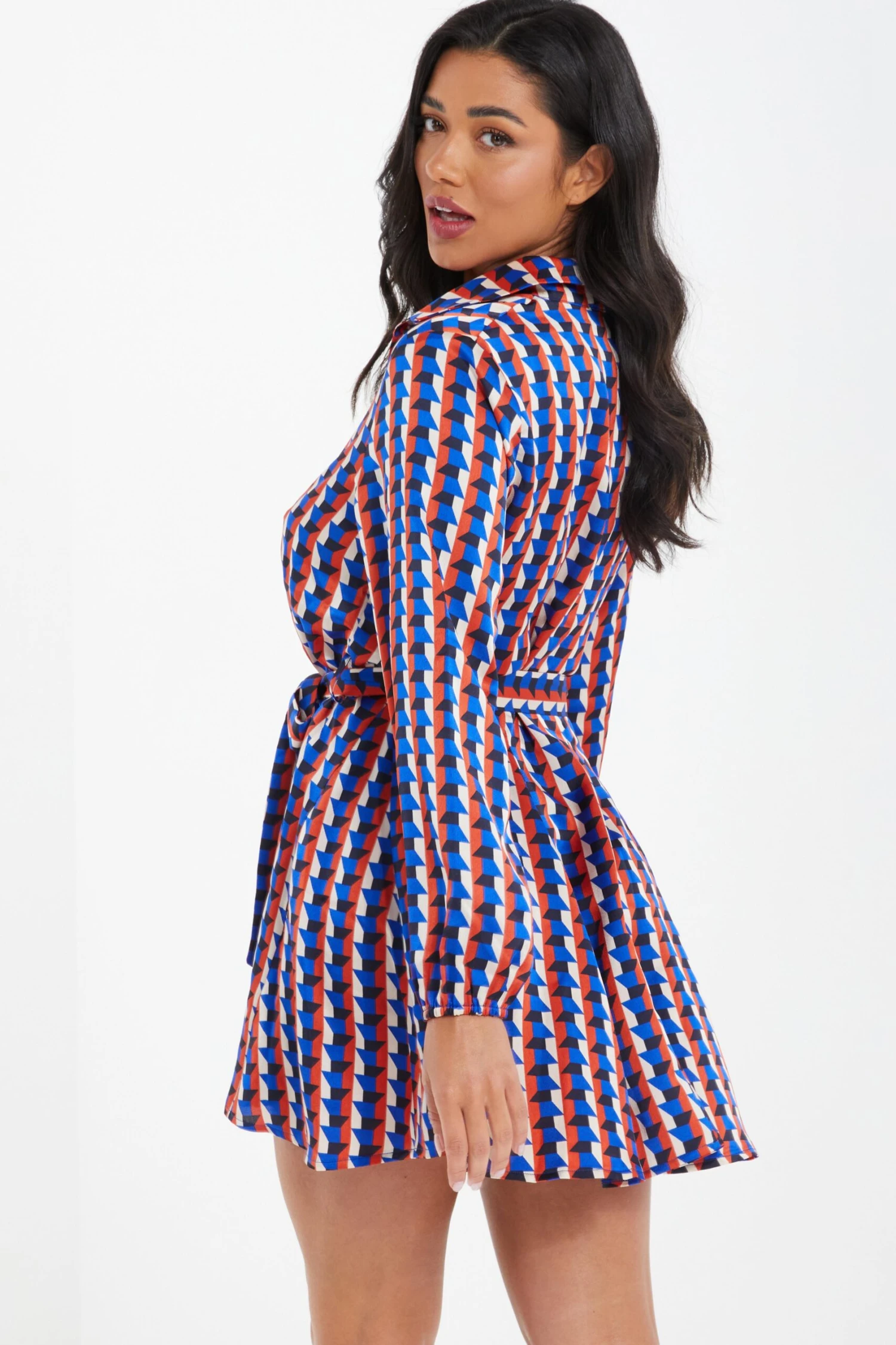 Blue Satin Geometric Mini Shirt Dress 5 Blue Satin Geometric Mini Shirt Dress - Image 3