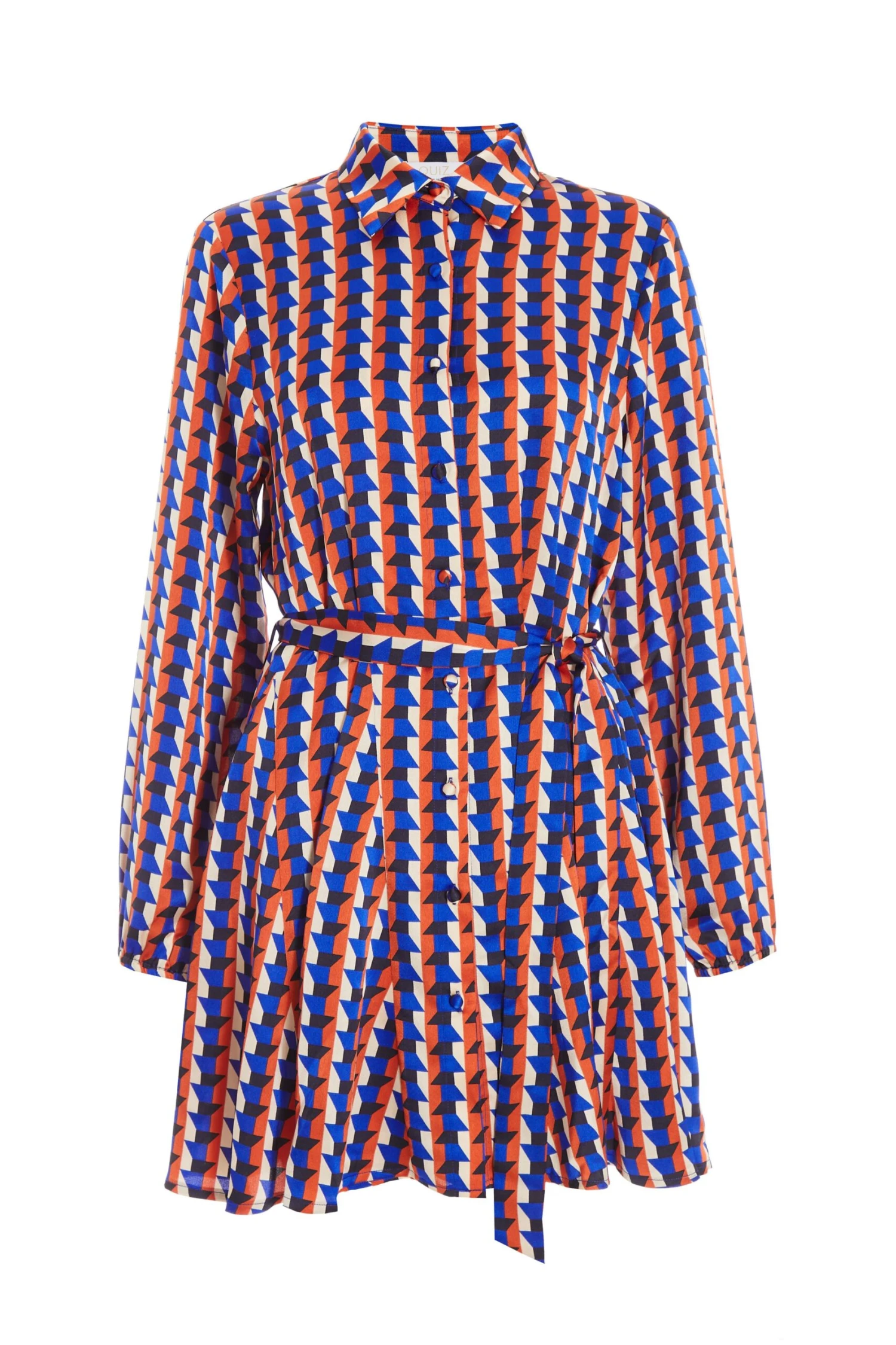 Blue Satin Geometric Mini Shirt Dress 3 Blue Satin Geometric Mini Shirt Dress