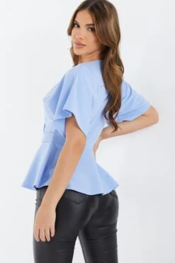 Light Blue Buckle Peplum Top -Princess Style Shop 00100037343 XB