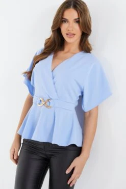 Light Blue Buckle Peplum Top -Princess Style Shop 00100037343 XM