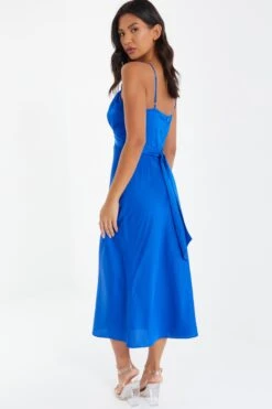 Royal Blue Satin Ruched Midi Dress -Princess Style Shop 00100037344 XB