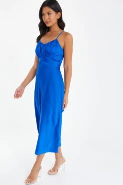 Royal Blue Satin Ruched Midi Dress -Princess Style Shop 00100037344 XS