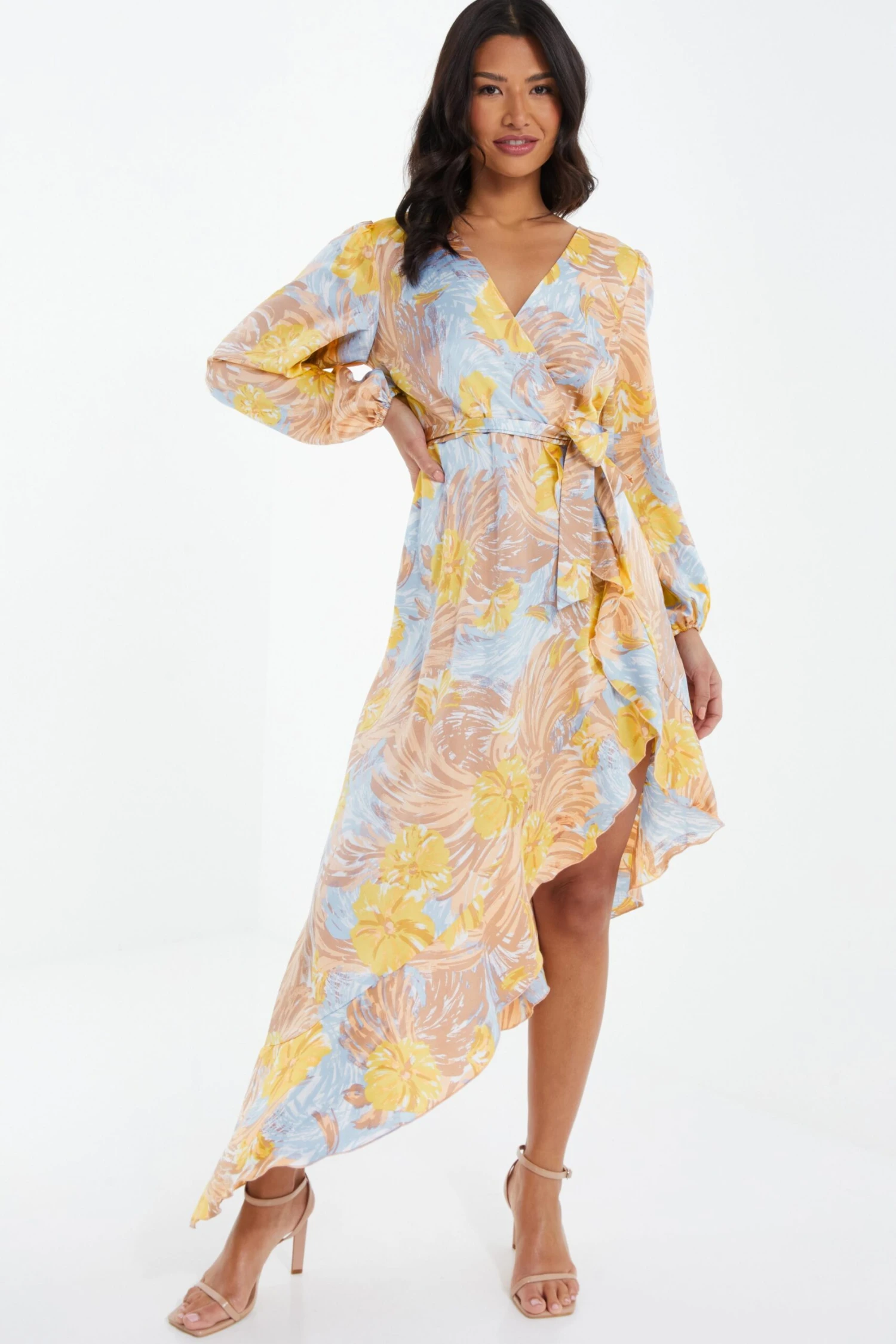 Multicoloured Satin Floral Asymmetric Midi Dress 4 Multicoloured Satin Floral Asymmetric Midi Dress - Image 2