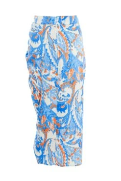 Blue Satin Aztec Print Ruched Midi Skirt -Princess Style Shop 00100037357 ZB