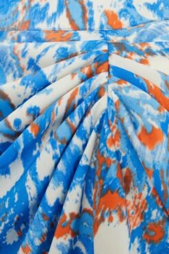 Blue Satin Aztec Print Ruched Midi Skirt -Princess Style Shop 00100037357 ZS