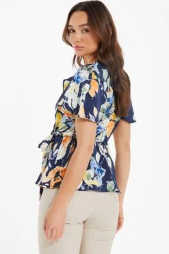 Navy Satin Floral Peplum Top -Princess Style Shop 00100037363 XB