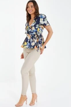 Navy Satin Floral Peplum Top -Princess Style Shop 00100037363 XS
