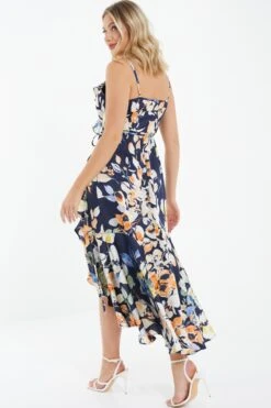 Navy Floral Satin Frill Wrap Midi Dress -Princess Style Shop 00100037367 XB