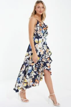 Navy Floral Satin Frill Wrap Midi Dress -Princess Style Shop 00100037367 XS
