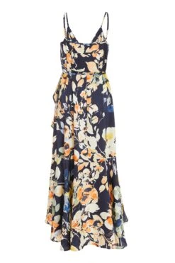 Navy Floral Satin Frill Wrap Midi Dress -Princess Style Shop 00100037367 ZB