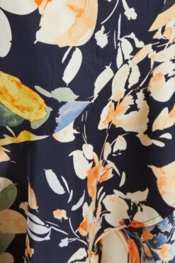 Navy Floral Satin Frill Wrap Midi Dress -Princess Style Shop 00100037367 ZS