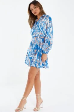 Blue Marble Print Shirt Mini Dress -Princess Style Shop 00100037368 XS
