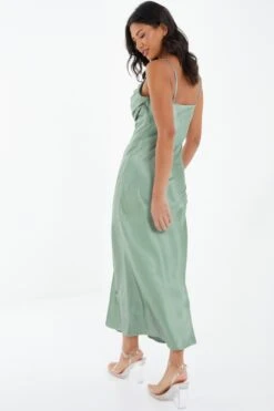 Sage Satin Ruched Split Midi Dress -Princess Style Shop 00100037374 XB