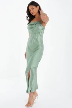 Sage Satin Ruched Split Midi Dress -Princess Style Shop 00100037374 XS