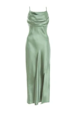 Sage Satin Ruched Split Midi Dress