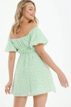 Sage Green Jacquard Bardot Mini Dress -Princess Style Shop 00100037378 XB
