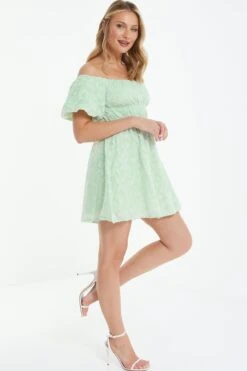 Sage Green Jacquard Bardot Mini Dress -Princess Style Shop 00100037378 XS