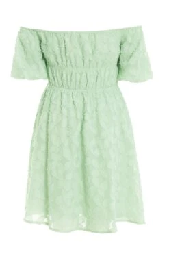 Sage Green Jacquard Bardot Mini Dress -Princess Style Shop 00100037378 ZB