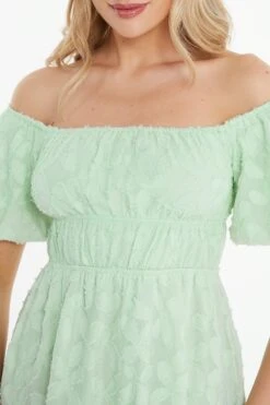 Sage Green Jacquard Bardot Mini Dress -Princess Style Shop 00100037378 ZS
