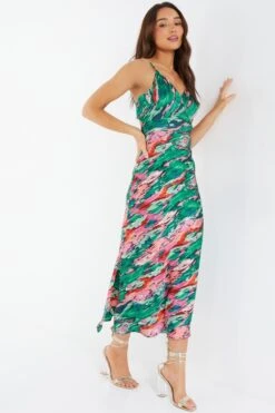 Green Satin Marble Print Tie Back Midi Dress -Princess Style Shop 00100037433 XS