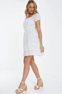 Cream Broderie Tie Back Mini Dress -Princess Style Shop 00100037440 XS