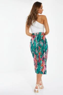 Green Satin Marble Print Ruched Midi Skirt -Princess Style Shop 00100037460 XB