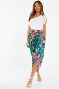 Green Satin Marble Print Ruched Midi Skirt -Princess Style Shop 00100037460 XM