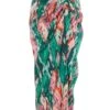 Green Satin Marble Print Ruched Midi Skirt