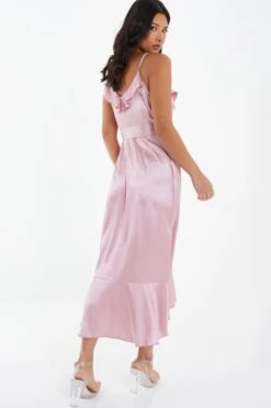 Pink Satin Wrap Frill Midi Dress -Princess Style Shop 00100037468 XB