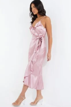 Pink Satin Wrap Frill Midi Dress -Princess Style Shop 00100037468 XS