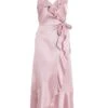 Pink Satin Wrap Frill Midi Dress