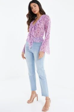 Lilac Chiffon Animal Print Frill Blouse -Princess Style Shop 00100037470 XS