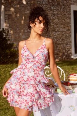 Multicoloured Floral Chiffon Tiered Mini Dress -Princess Style Shop 00100037471 XM