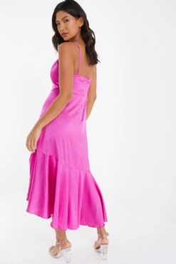 Hot Pink Satin Asymmetric Midi Dress -Princess Style Shop 00100037474 XB