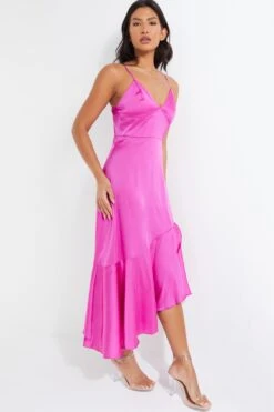 Hot Pink Satin Asymmetric Midi Dress -Princess Style Shop 00100037474 XS