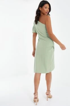 Sage Green One Shoulder Ruched Midi Dress -Princess Style Shop 00100037478 XB