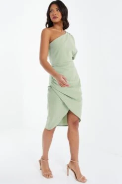 Sage Green One Shoulder Ruched Midi Dress -Princess Style Shop 00100037478 XS